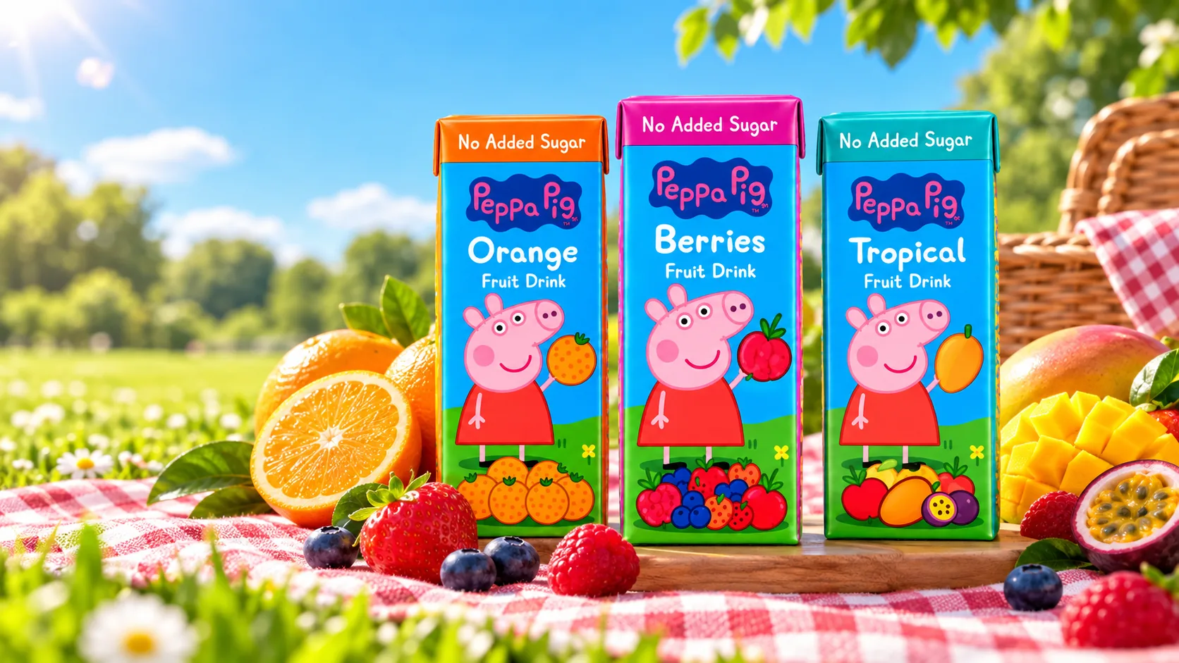 Peppa Pig apelsini-, metsamarja- ja troopilise maitsega joogid piknikulinal